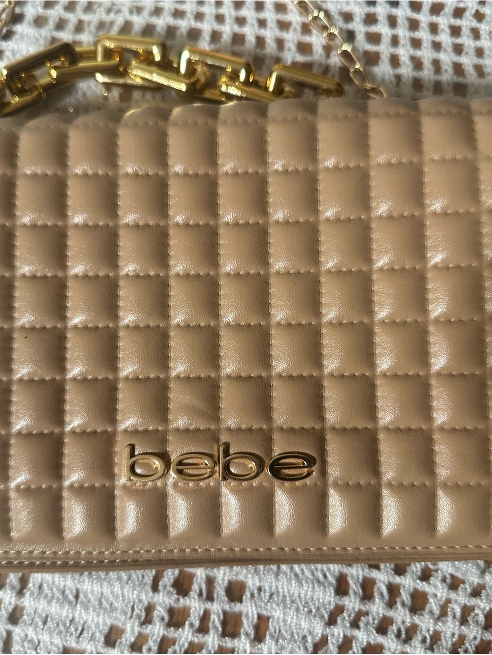 bebe Quilted Crossbody Bag in Beige with Gold Chain